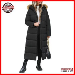 Long Winter Puffer Coat with Detachable Hood, Maxi Length, Quilted Jacket